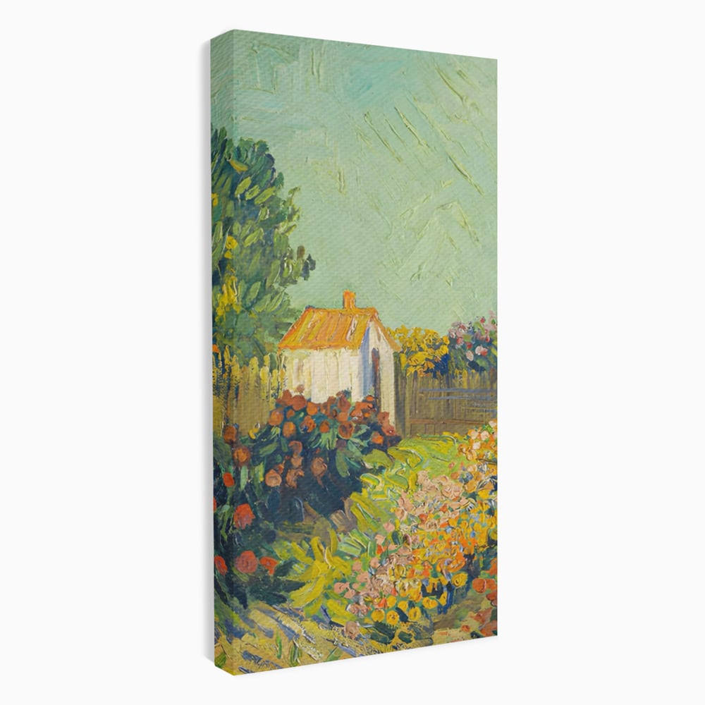 Tablou canvas cu pictura cu o casuta in gradina, fara rama, pe sasiu de lemn